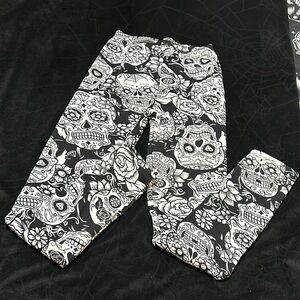 Sugar Skull Print Fur Lined thermal Leggings, XS